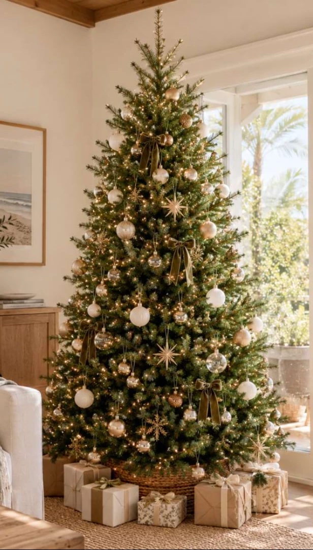 A real Christmas tree decorated with lights and baubles in a living room